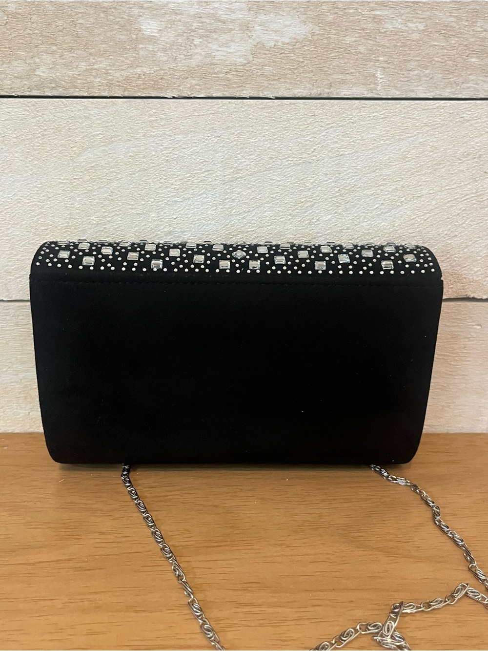 Black Embellished Evening Clutch with Chain Strap - Picture 6 of 8
